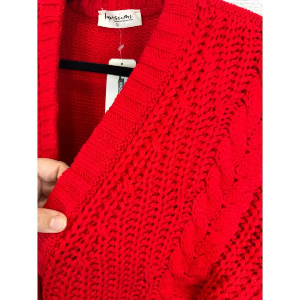 Impressions Women's Red Woven Knit Fringe Button Up Cardigan Size Small